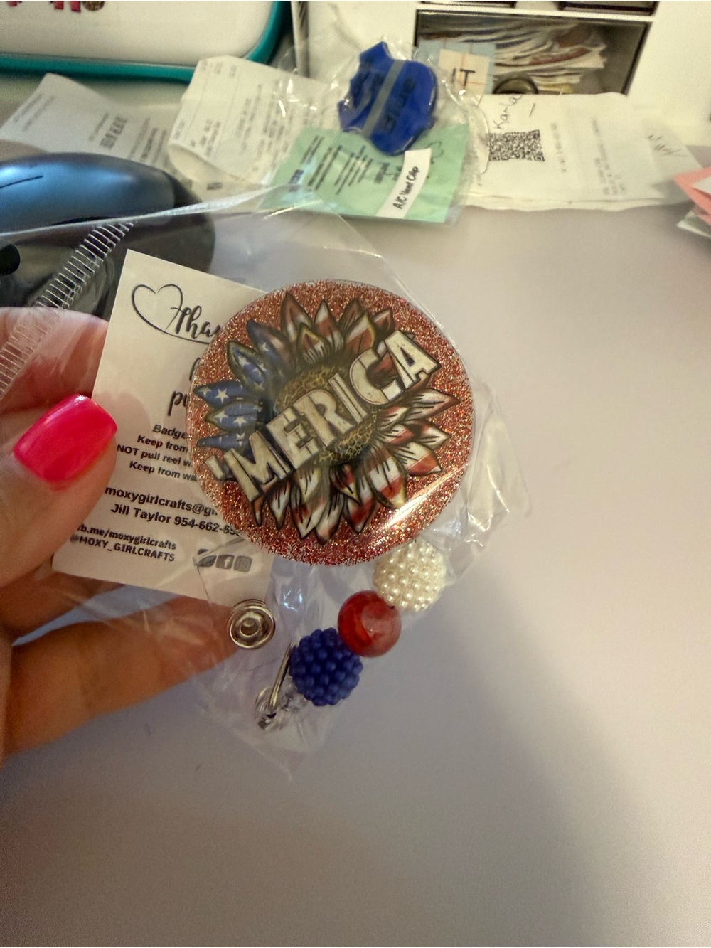 Merica Glitter Badge Reel Key & Card Holder - Patriotic Red